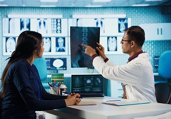 Doctors discuss imaging results on large screen at US Heart and vascular