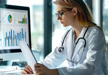 Cardiologist with stethoscope working on laptop at US Heart and vascular