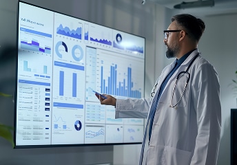 Physician presents charts on wall display to team at US Heart and vascular