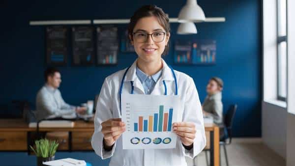 Doctor presents report with bar chart at US Heart and vascular