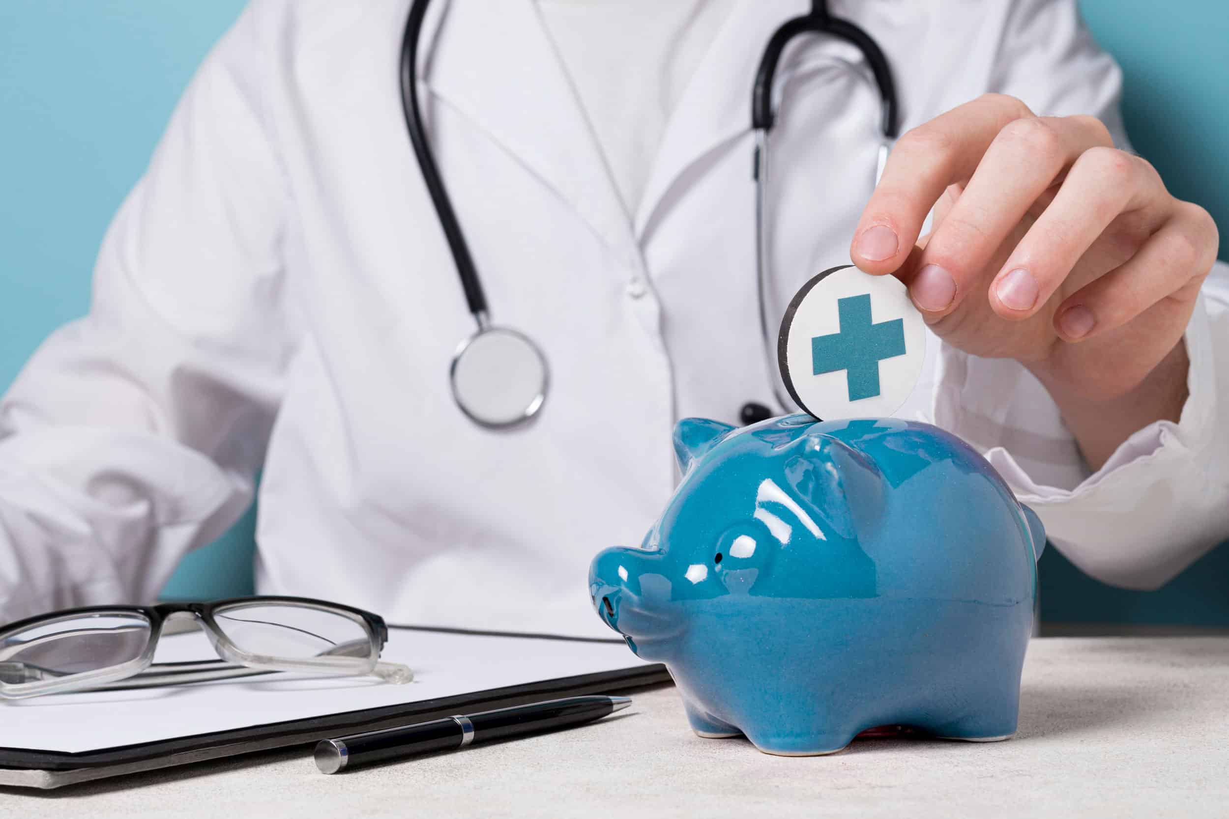 A doctor putting plus symbol into piggy bank